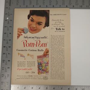 1958 Pom-Pom Cotton Ball Ad Smiling Brunette Cosmetic Curity Puff MCM Print Ad